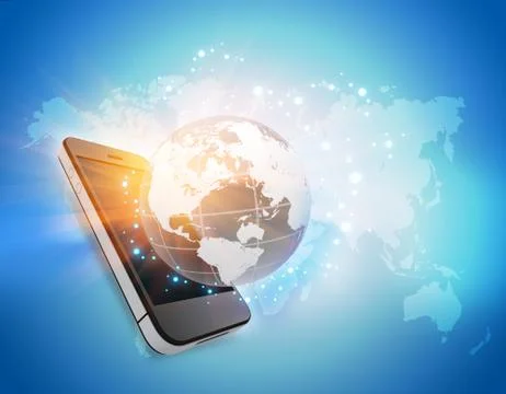 Mobile phone with globe and map in the background Illustrazione stock