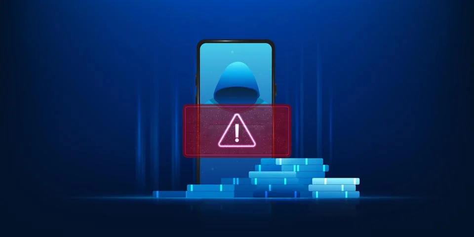 Mobile Phone Hacker Scam Concept with Cyber Criminal Inside Smartphone and .. Stockillustratie