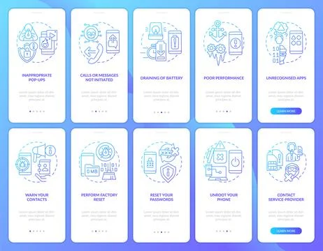 Mobile phone hacking attack blue gradient onboarding mobile app screen set イラスト素材