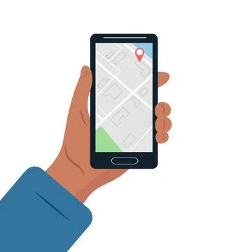 Mobile phone in hand. Map and geolocation. Online location search. Vector Stock Illustration
