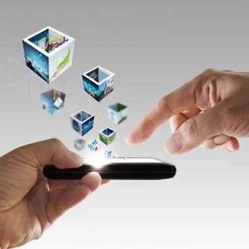 Mobile phone in hand streaming 3d images Stock Illustration