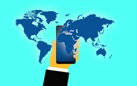 Mobile phone in a hand with world map 스톡 일러스트