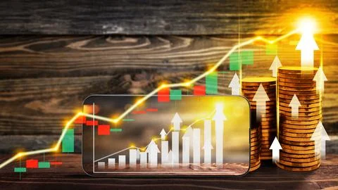 Mobile phone with an increasing graph arrow and a stack of golden coins wit.. Stock Photos