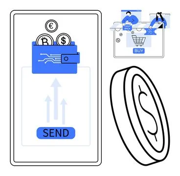 Mobile phone interface sending Bitcoin, Euro, and Dollar using digital wallet Stock Illustration