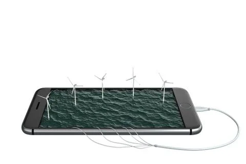 Mobile phone isolated screen wind energy farm turbines minimal concept Stock Photos