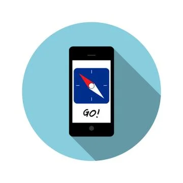 Mobile phone with long shadow. Compass needle and GO! Illustrazione stock