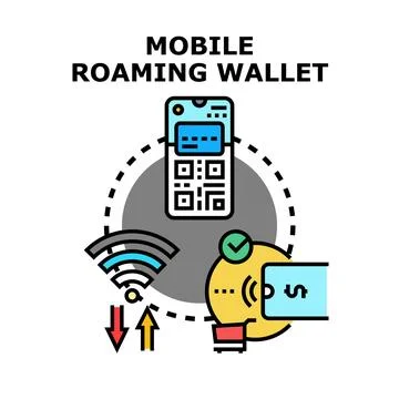 Mobile phone managing digital wallet roaming payments Stock Illustration