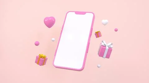 Mobile phone mockup with empty white screen and flying gifts on pink backgrou Stock Illustration