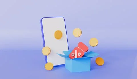 Mobile phone with open gift box and coins with coupon, Online shopping Stock Illustration