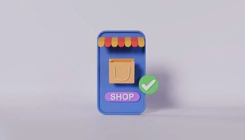 Mobile phone or smartphone with store front, checkmark isolated on background Stock Illustration