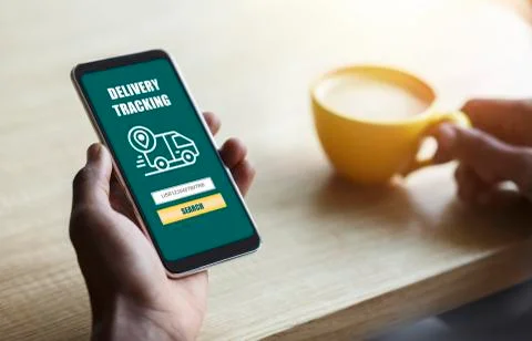 Mobile phone with Order Tracking app in female hand Foto stock