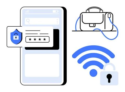 Mobile phone with password authentication, briefcase for secure access, wirel Stock Illustration