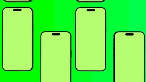 Mobile Phone Pattern with Green Screen on green background flat lay. Group of Stock Illustration
