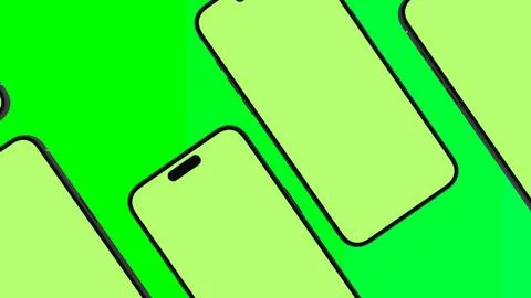 Mobile Phone Pattern with Green Screen on green background flat lay. Group of Stock Illustration