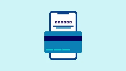 Mobile phone payment through credit card 2d Animation with Alpha Matte Stock Footage 335800432