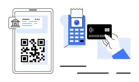 Mobile phone with QR code beside a payment terminal and hand holding credit c Stock Illustration