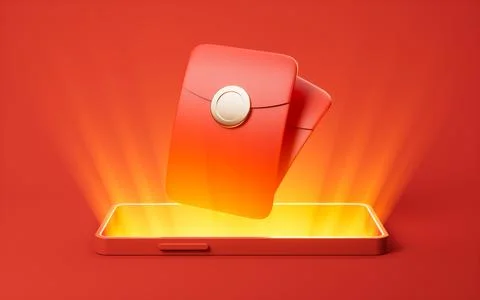 Mobile phone with red packet on it, 3d rendering. Stock Illustration