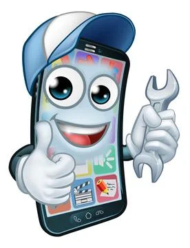Mobile Phone Repair Spanner Thumbs Up Cartoon Ilustração Stock