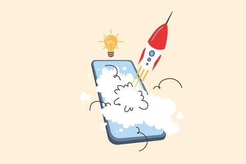 Mobile phone with rocket launch, metaphor for new startup with application for Stock Illustration