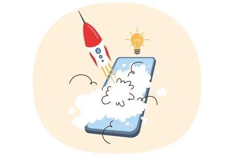 Mobile phone with rocket launch, metaphor for new startup with application for Stock Illustration