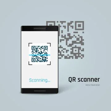Mobile phone scan QR code. Vector illustration isolated on blue background Stock Illustration