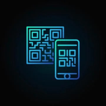 Mobile phone scanning QR code vector blue linear concept icon on Illustrazione stock