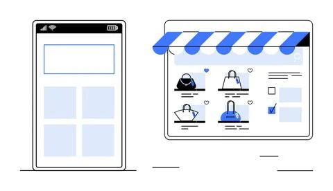 Mobile phone screen and online store webpage with handbags under an awning. I Stock Illustration