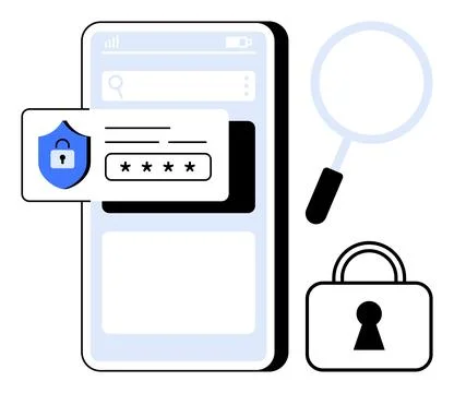 Mobile phone screen with password entry icon, magnifying glass, and lock symb Stock Illustration