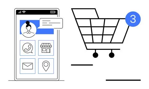 Mobile phone screen with user profile and various app icons next to a shoppin 스톡 일러스트