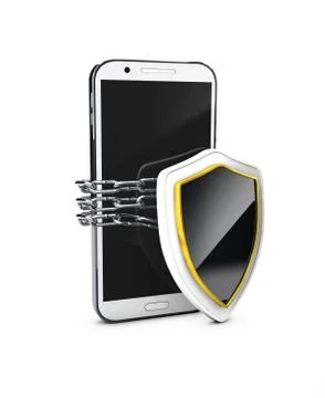 Mobile phone security concept. Cell phone and shield and chain around , 3d Il イラスト素材