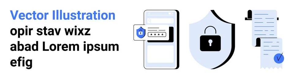 Mobile phone with security notification, lock on shield, and document with ch Illustrazione stock