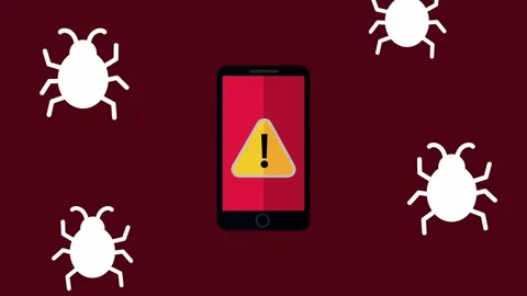 Mobile phone security warning icon with digital computer bug animation on d.. Stockbeeldmateriaal 339257157