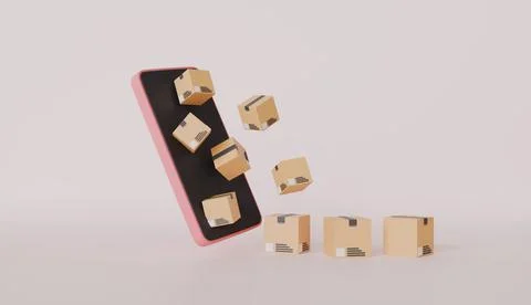 Mobile phone with shipping boxes coming out of its screen with copy space Stock Illustration