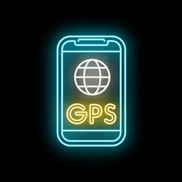 Mobile phone showing gps navigation neon sign 스톡 일러스트
