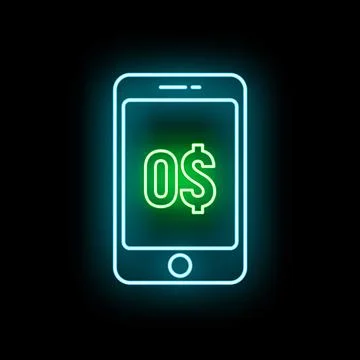 Mobile phone showing zero dollars neon icon Stock Illustration