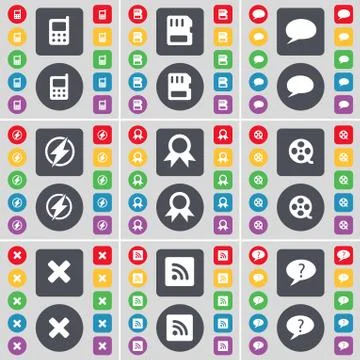 Mobile phone, SIM card, Chat bubble, Flash, Medal, Videotape, Stop, RSS, Chat bu Stock Illustration