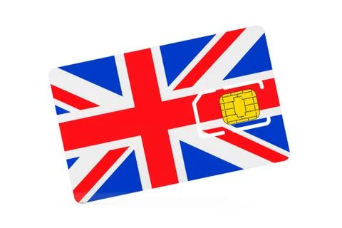 Mobile Phone Sim Card Chip with Flag of Great Britain. 3d Rendering Illustrazione stock
