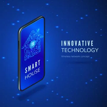 Mobile phone with smart house interface application. Circuit building silhoue Stock Illustration