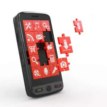 Mobile phone software. screen from puzzle with icons. 3d Stock Illustration