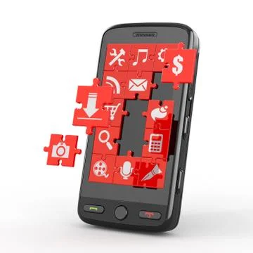 Mobile phone software. screen from puzzle with icons. 3d Stock Illustration