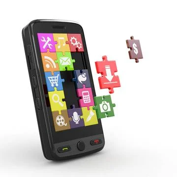 Mobile phone software. Screen from puzzle with icons. 3d Mobile phone soft... Stock-Fotos