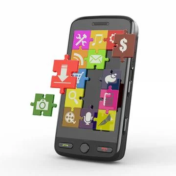 Mobile phone software. Screen from puzzle with icons. 3d Mobile phone soft... Stock-Fotos