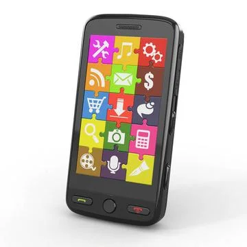 Mobile phone software. Screen from puzzle with icons. 3d Mobile phone soft... Stock-Fotos