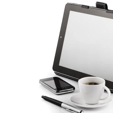 Mobile phone, tablet pc and cup of coffee Stock Photos