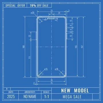 Mobile phone as technical blueprint drawing. Smartphone sale technical outlin Stock Illustration