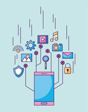 Mobile phone technology secure mail picture wifi music apps Stock Illustration