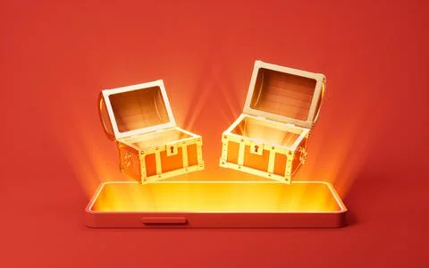 Mobile phone with treasure boxes on it, 3d rendering. Stock Illustration