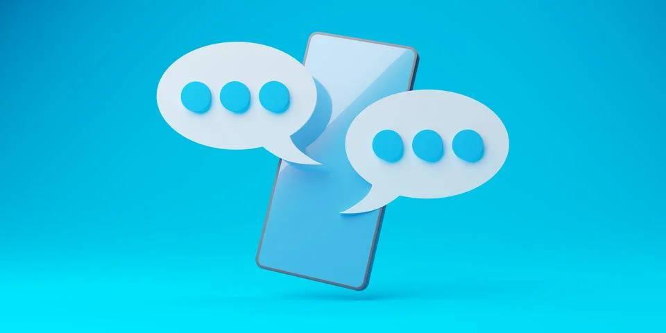 Mobile phone with two chat or messaging speech bubbles floating on cyan blu.. Stock Illustration