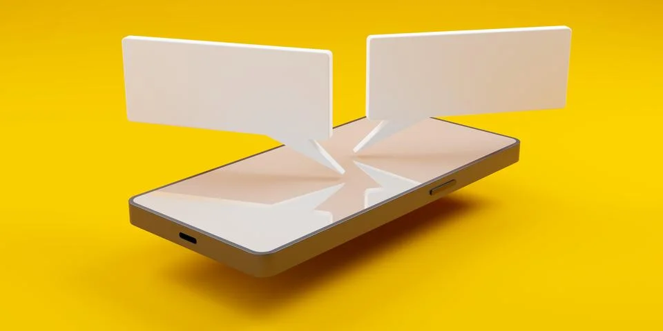 Mobile phone with two empty speech bubbles floating on yellow background wi.. Illustrazione stock
