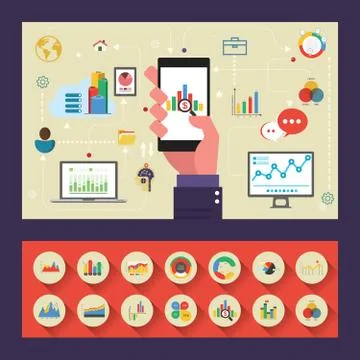 Mobile Phone Ui. Control Panel With Statistics Charts, Diagrams Calendar. Market Stock Illustration